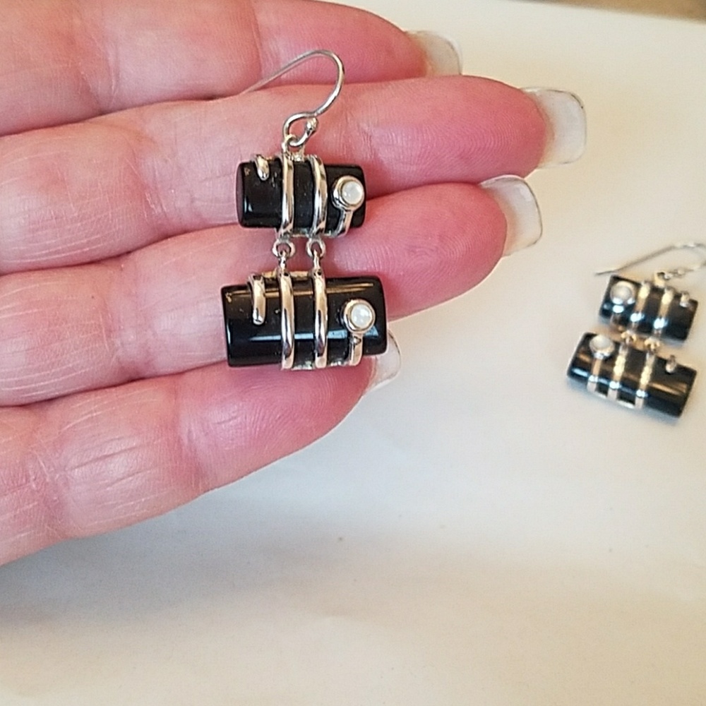 Black and Mother of Pearl Earrings - Picture 2 of 2